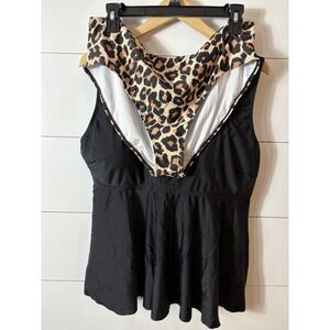 Eomenie Swimsuit Womens 2XL Black Leopard Print Skirted One Piece Swim Dress